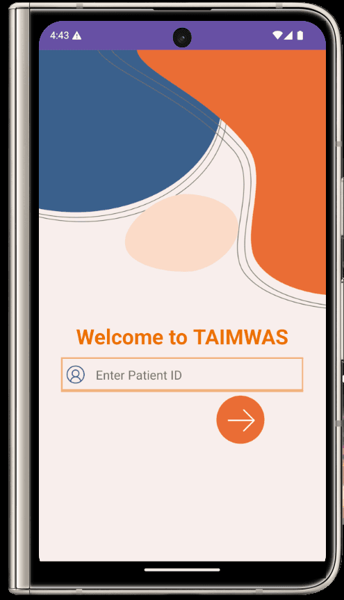 TAIMWAS mobile app showing the patient ID entry screen