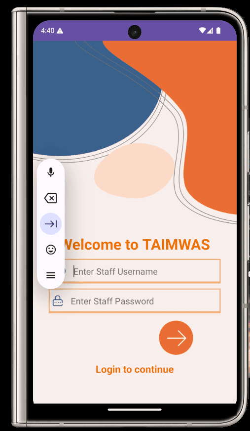 TAIMWAS mobile app showing the staff sign-in screen